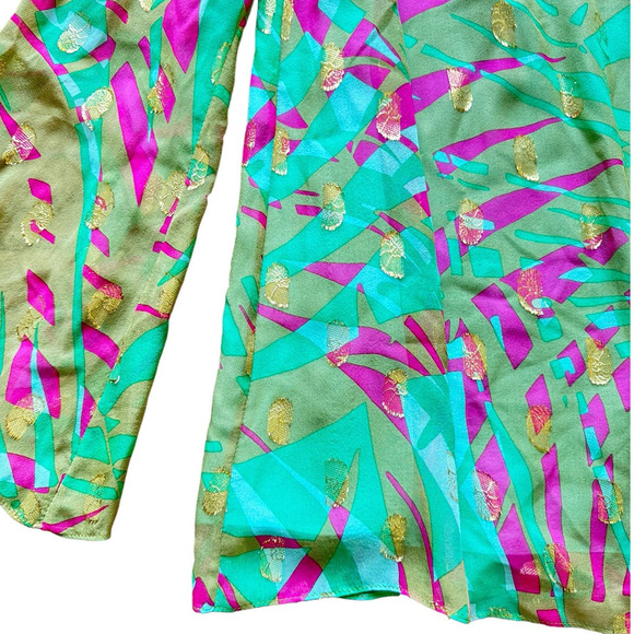 Milly New York Tropical Resort Silk Blouse Size 2 Green Pink Gold - Picture 5 of 6